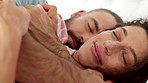 Health, love and couple sleeping and hug in bedroom at home. Man and woman from Israel in bed asleep, rest together in apartment or hotel. Sleep, relax and dream, happy marriage and healthy lifestyle