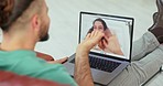 Love, video call and couple blowing a kiss via internet connection to celebrate valentines day or marriage anniversary. Smile, romance and happy woman talking to a romantic and excited partner online
