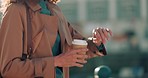 Fast, watch time and business woman walking in a city street running late for her work, career or job. Zoom hands of professional, corporate worker in busy town in the morning with coffee or espresso