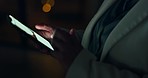 Innovation business woman with smartphone at night for online entrepreneurship or social media update. Corporate worker hands, cellphone and dark office for seo analytics or global digital marketing