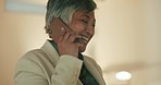 Old woman, phone call and communication in office at night, talk or conversation. Smile, happy and comic elderly business female on 5g mobile network, networking or talking in negotiation for loan