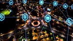 Aerial night traffic, networking and cloud computing, big data and telecom analytics. Technology abstract, digital grid and dark 5g futuristic smart cityscape, fast cars and global cyber security iot