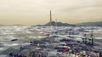 City bridge, futuristic overlay or 3d logistics security on shipping harbor, Norway port or supply chain industry infrastructure. Drone view, abstract vr or design pattern in busy industrial location
