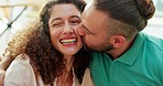 Happy couple, smile selfie and phone in funny love, kiss and happiness for relationship bonding together at home. Silly loving man and woman smiling, relaxing in live recording smartphone on sofa