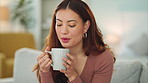 Coffee break and woman on home sofa with espresso, cappuccino or hot chocolate drink. Calm, self love and relax person with tea beverage in living room lounge for free time or winter weekend alone