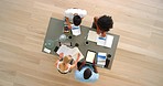 Meeting, planning and finance with a marketing group or team of business people discussing a report, contract paper or technology. Overhead of a boardroom meeting for strategy, growth and development