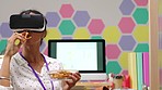 Metaverse, vr and woman eating in creative startup agency connecting to cyber experience, ux design and future tech innovation. Happy programmer snacks and futuristic virtual reality glasses online