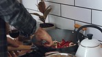 Pepper hand, mushroom and man cooking vegan breakfast or food in the kitchen. Healthy lifestyle person cook diet, meal or vegetable in a pan on a stove for a nutrition lunch or dinner with vegetable