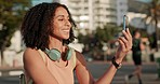 City, smartphone and selfie of black woman with social media post, travel holiday update and android app for urban gen z lifestyle blog. Happy woman outdoor in cellphone portrait or 5g social network