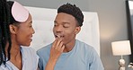 Love, black couple and with kiss for bonding, together and loving to celebrate anniversary, marriage and being romantic in bedroom. Romance, man and woman content, relationship and happiness at home.