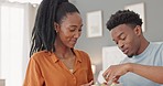 Eating, black couple feed fruit and love, care and together, bonding and spending quality time for breakfast in bed. Young, black woman and man, relationship development and growth, daily routine.