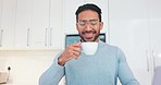 Asian man, coffee and happiness while drinking hot beverage, drink or tea standing in kitchen smelling aroma to relax, smile and for energy. Happy male working from home feeling calm and free