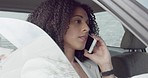 Traffic, phone call and car driver late for corporate job, explain to boss on 5g communication and check watch time. Transport clock schedule, stress or frustrated black woman driving SUV van to work