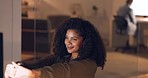 Relax, office and woman with hands behind her head leaning in chair while working on computer. Success, stretch and African business manager on work break while doing management reports in workplace.