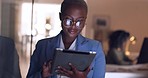 Black woman, tablet and business in office at night working overtime, corporate deadline or online research. Social media, internet surfing and female from Nigeria on 5g digital tech in dark office.