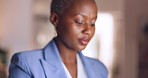 Black woman, hands or working on laptop planning, creative research or strategy for company vision or mission. Business, typing or thinking about corporate report, schedule or SEO calendar agenda.
