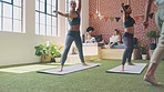 Creative, wellness and yoga in students social lounge for working, studying or learning with group of people. Relax gen z startup company workspace with women brainstorming healthy digital blog ideas