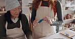 Senior woman, pottery teacher and mold tool in art studio lesson, creative clay workshop or product manufacturing small business. Learning, education or ceramic sculpture class with startup equipment