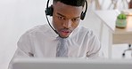 Sales, black man and computer in call center consulting, customer support advisor and contact us helping pc. Businessman telemarketing consultant, online crm communication or desktop internet service