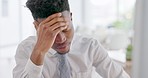 Headache, customer service and call center black man at office tired, burnout and problems. Sad, stress and unhappy consulting African contact us consultant or help desk telemarketing support agent
