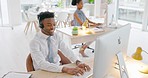Customer service, telemarketing and sales with a black man consultant using a headset while on a care call. Crm, contact us and consulting with a young male employee working in his support office