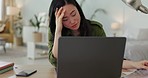 Headache, stress and laptop business woman with burnout from work problem on a laptop in an office. Sad, tired and Asian corporate worker with anxiety while working on internet on a computer at desk
