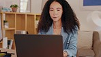 Receptionist, happy and girl working on a laptop planning business schedule, reply to email and smile in workplace office. Happiness, secretary and black woman typing on computer for company work