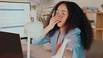 Black woman in office, sneezing with allergies in tissue and sick with cold or flu while working on computer. Business person ill, covid and health, work and coding at laptop, desk and blowing nose.