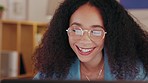 Black woman, computer and glasses reflection in office, working on web coding, reading or planning business schedule. Female worker from Brazil smile, pc screen and online work in company workplace.
