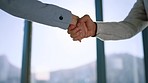 Corporate merger and handshake deal for business people in respectful partnership with sun flare. Professional etiquette and formal gesture for company agreement and collaboration together.