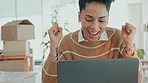 Yes, winning and notification business black woman on laptop for startup career loan, profit review and online marketing sales in e commerce. Office manager winner excited for achievement on her pc