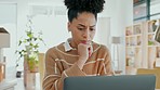 Freelance woman, laptop and stress while reading frustrated email, news and fail for online scholarship application mistake. Black female, freelance work and thinking about solution for study problem