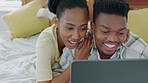 Kiss, laptop and happy couple in bedroom with film online website for home date celebration or a relax holiday. African or black people on bed with pc watch romance movie together or surfing internet