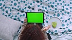 Green screen mockup, tablet video call and woman wave hello on telecom voip app for advertising, brand and blank space. Above digital online technology, social network and web connection on internet