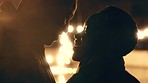 Love, kiss and light with silhouette of couple on rooftop at night for romance, happy and trust in New york city. Event, hope and connection with black man and woman kissing at party together