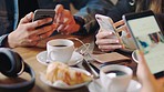 Cafe friends, phone hands and social media online, digital connection and smartphone network together. Closeup students group typing mobile app in coffee shop wifi, internet technology or lunch break