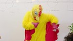 Employee in chicken suit, dancing funny meme and crazy office prank in team building meeting. Comedy happy brand mascot with funky halloween dance, startup workshop event and comic business party