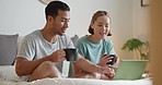 Relax, laptop and search with couple in bed and coffee streaming with subscription, internet and watching movie. Connection, wake up and marriage with man and woman with social media, news and online