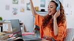 Music, headphones and Woman dancing to radio podcast, streaming online with laptop at work. Designer freedom with web audio, inspiration and employee listening to song on internet, dancing or singing