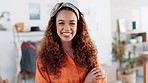 Work, fashion designer and portrait of happy black woman standing in workshop, studio and creative workplace. Startup, design and businesswoman working in clothing industry, smiling with success