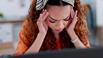 Black woman, stress and headache on laptop at the office in depression, anxiety or overwhelmed with work. African American female face suffering burnout, tired or mental health issues on computer