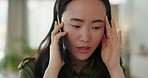 Stress, phone call and woman gets anxiety from news communication on a cellphone in a modern apartment home in Tokyo Japan. Asian girl, talking on smartphone and upset adult with frustration or fear 