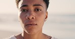 Face, portrait and black woman at the beach for freedom, peace and relax on a holiday in Mexico. Travel, young and African woman at sea, ocean or water for a vacation during summer with mockup space