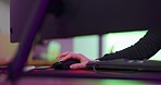 Keyboard, mouse and gamer woman hands in gaming neon room for futuristic workspace, video game and online cyber streaming. Gen z, cyberpunk streamer or software developer with games in dark office