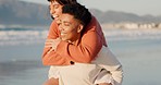 Freedom, lesbian and couple at the beach and piggy back ride for love, summer and vacation together. Sunset, relax and happy with women in gay relationship together for lgbtq, travel and pride