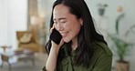 Japanese woman, phone call or networking in house or home office in b2b sales deal, customer collaboration or startup innovation. Happy smile, talking entrepreneur and mobile communication technology