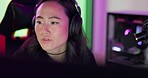 Gaming, asian and woman live streaming with microphone for online video game community in Korea. Content creator, gamer and streamer sharing thoughts on game for subscription, esports and fans.
