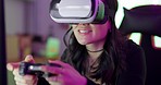 Virtual reality, video gamer woman with metaverse gaming, digital experience and futuristic glasses. Future technology, 3d simulation and online vr software of a girl playing in creative cyber world