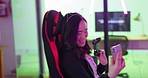 Selfie, smartphone and gamer woman live streaming, gaming and neon office workspace. Social media portrait, character avatar and asian streamer with cellphone technology for profile influencer update