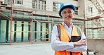 Architecture, engineer and business woman in construction site portrait for office building or commercial property development. Proud civil engineering manager, construction worker or contractor boss
